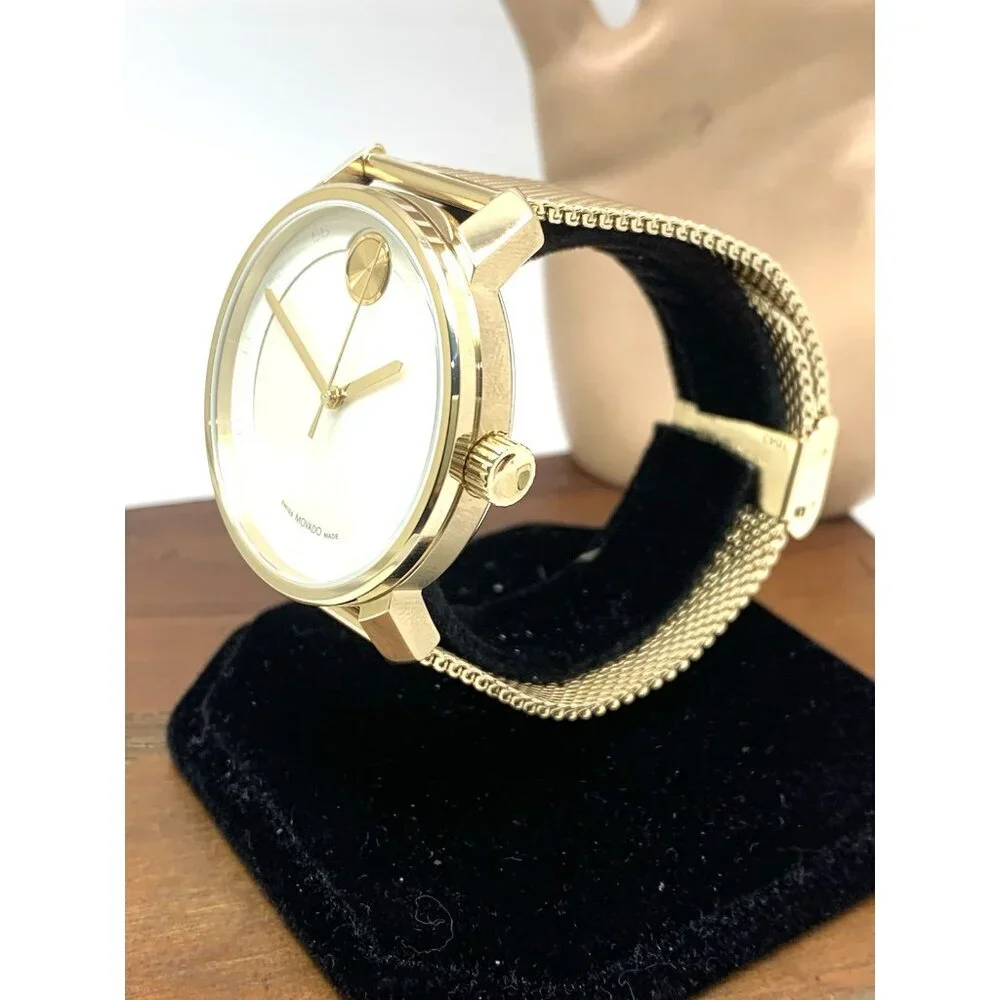 Movado Mens Watch 3601077 Bold White Dial Swiss Quartz Gold Steel 41mm Mesh Band
